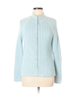 Talbots Blue Rib Knit Cotton Mock Neck Sweater Jacket Cardigan