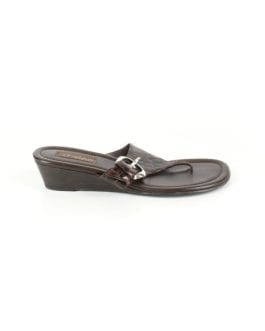 Brighton Brown Alligator Print Patent Leather Wedge Slide Sandals