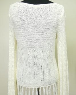 Max Studio Open Knit Fringe Keyhole White Sweater