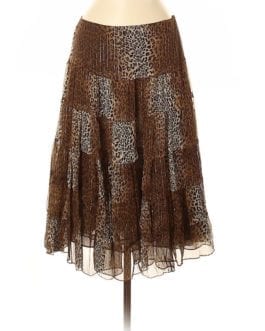 ECI New York Brown Leopard Print Silk Chiffon Metallic Skirt