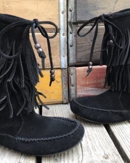 Minnetonka Black 2-layer Boho Fringe Suede Moccasin Calf Boots/Booties