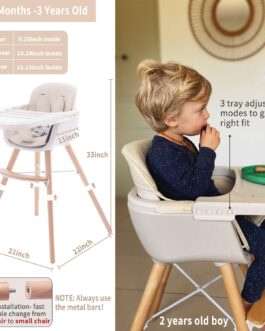 3-in-1 Convertible Wooden Baby High Chair, Adjustable Legs & Dishwasher Safe Tray, Hardwood