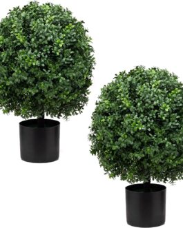Set of 2 Pre-Potted Artificial Potted Shrubs 24″ Artificial Boxwood Topiary Ball Tree