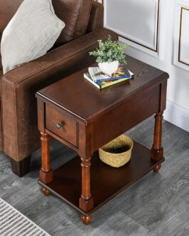 Narrow Open End Table with Drawer, Solid Cherry Wood Side Table 2-Tier